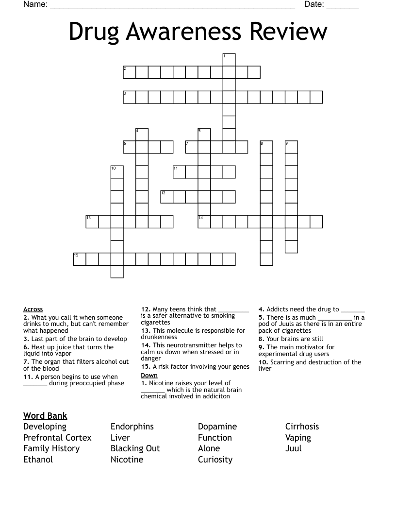 Drug Awareness Review Crossword WordMint