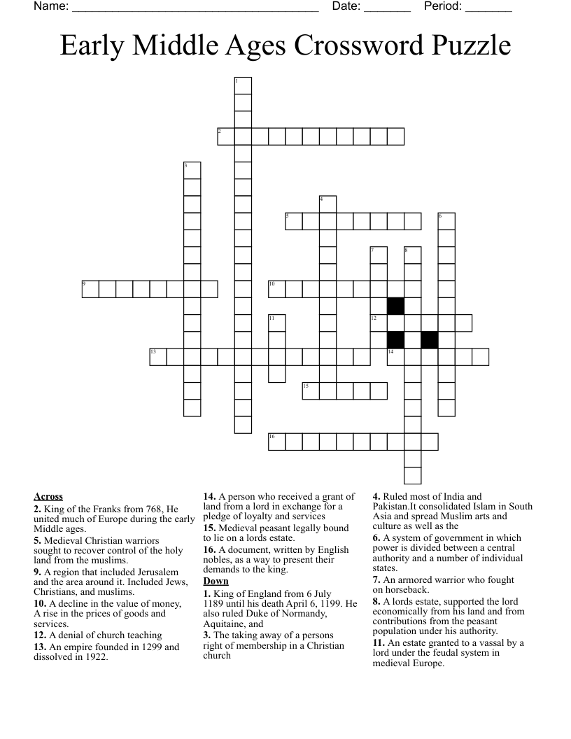 Early Middle Ages Crossword Puzzle WordMint