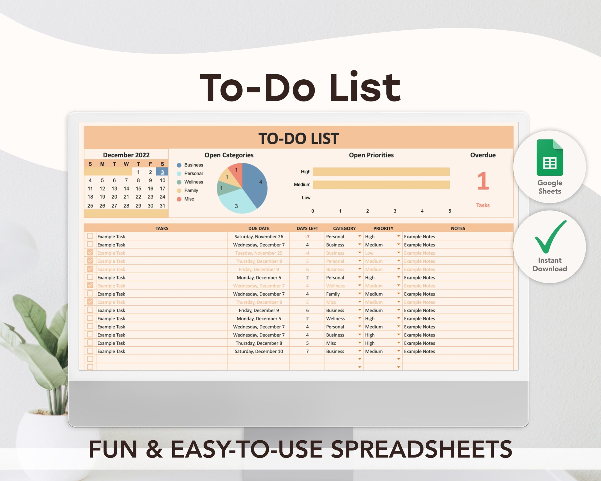 Easy To do List Template Google Sheets Template Spreadsheet Task Planner Task Tracker Task Manager Digital Editable Etsy