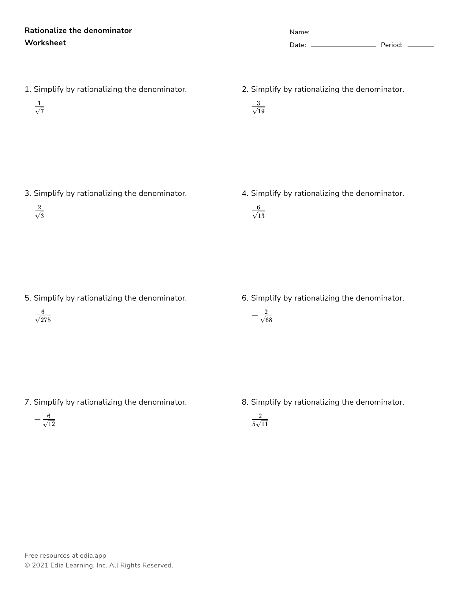 rationalizing the denominator worksheet