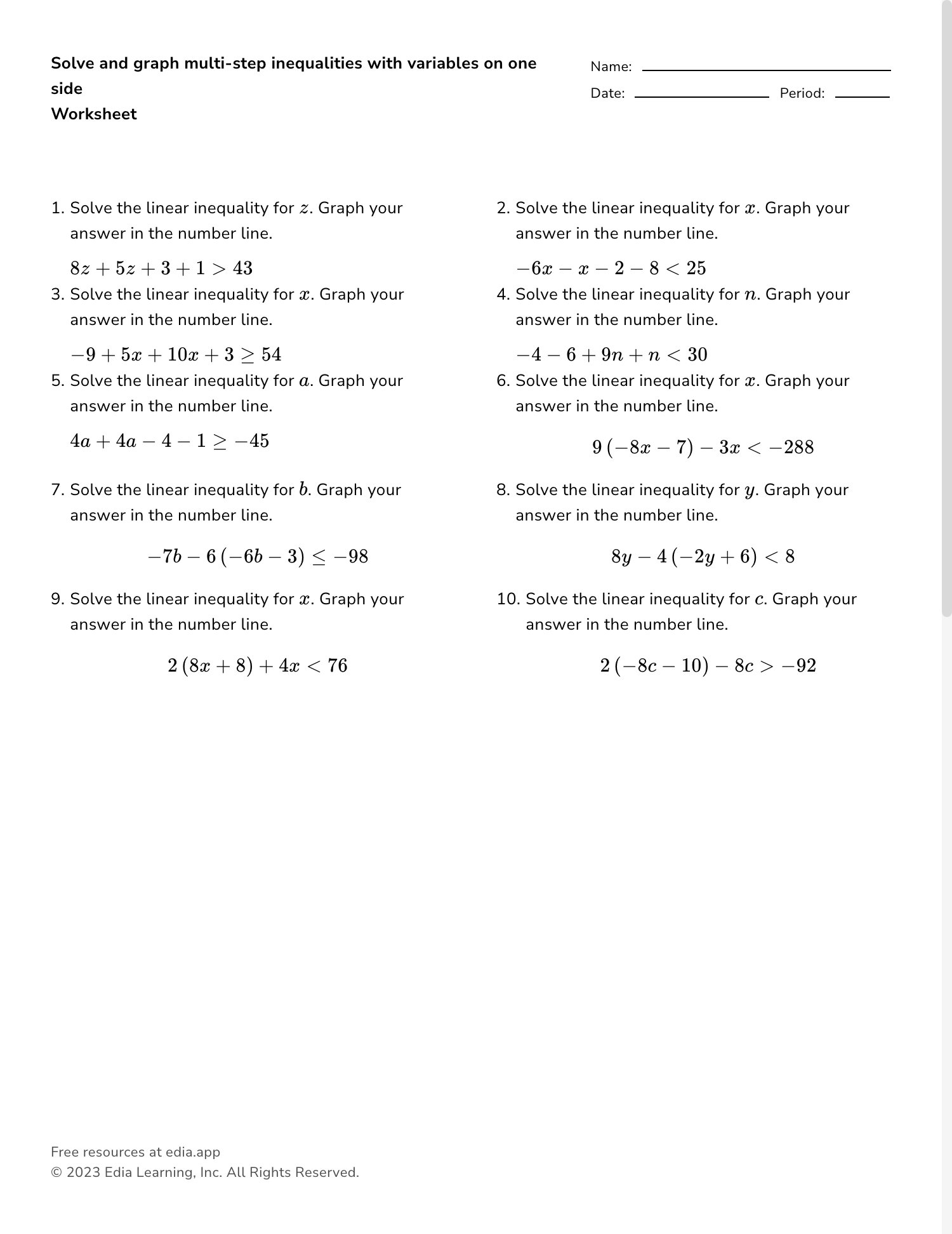 two step inequalities worksheet