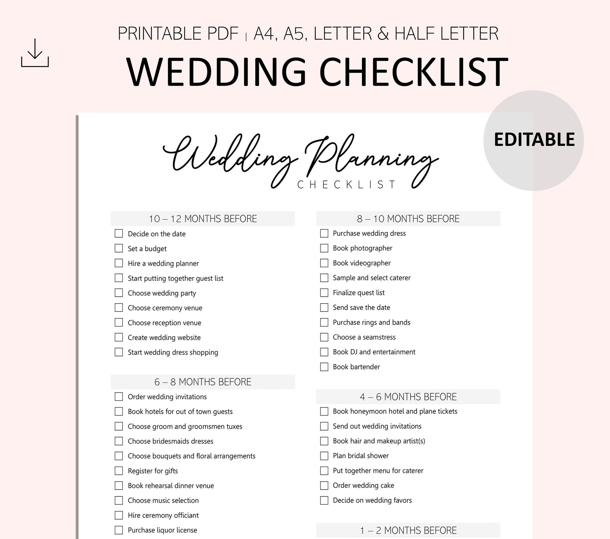 Editable Wedding Planning Checklist Wedding Planning Printable Wedding To Do List Wedding Planner PDF A4 A5 LETTER Etsy