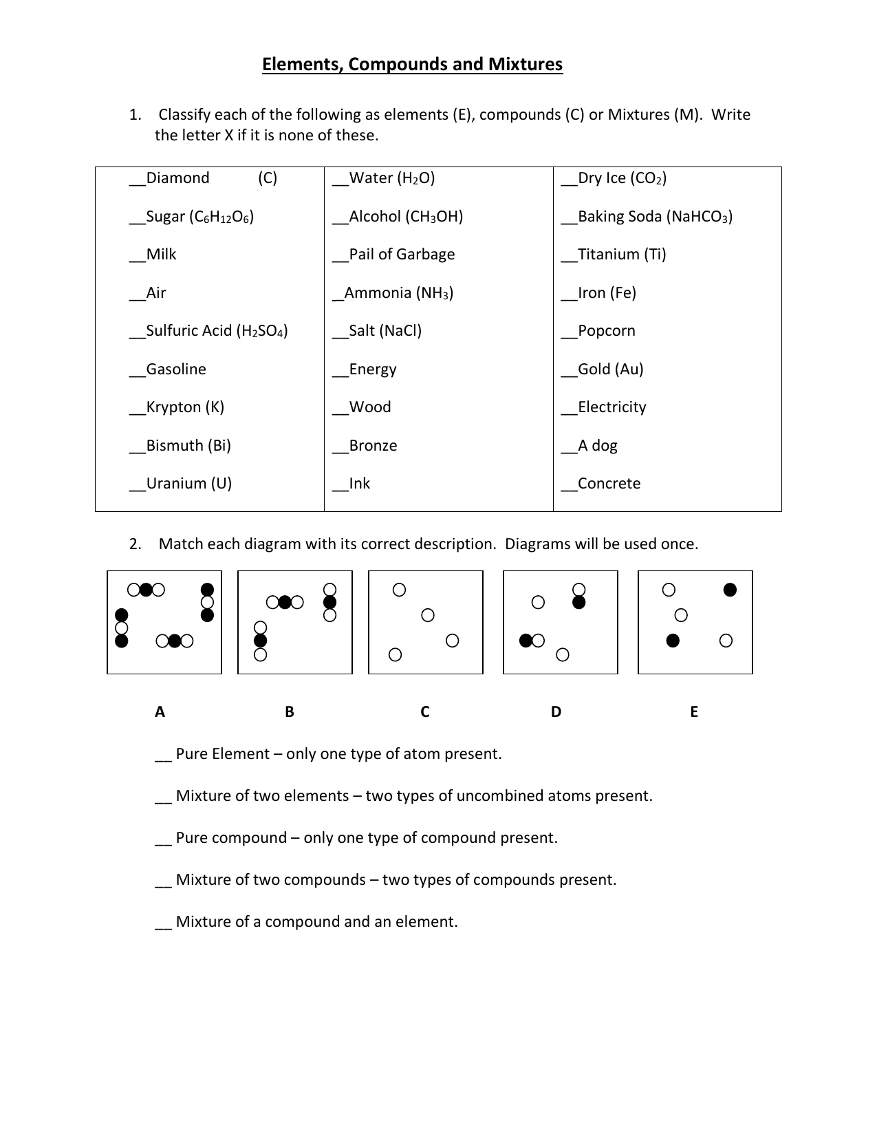 Elements Compounds Mixtures Worksheet Elements Compounds Mixtures Worksheet