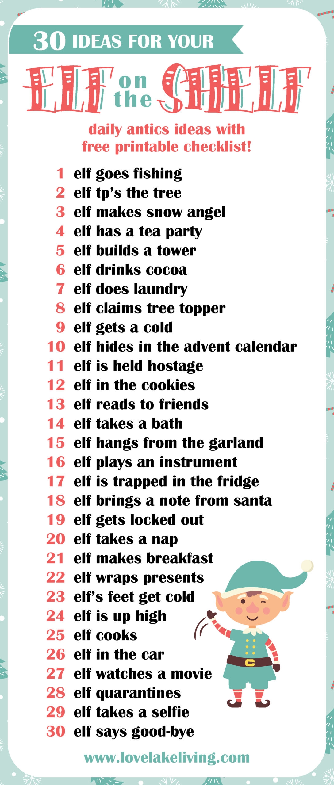 Elf On The Shelf Ideas Printable Checklist Love Lake Living