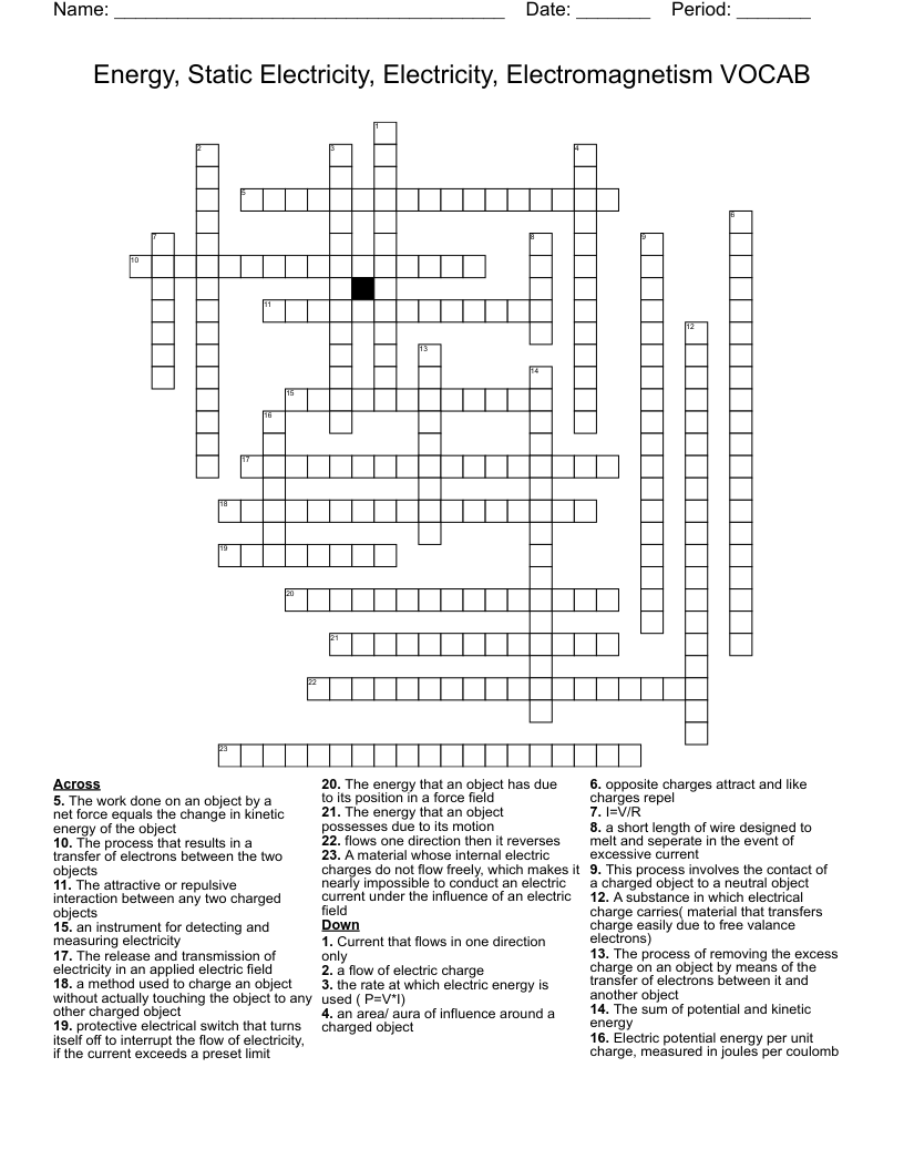 Energy Static Electricity Electricity Electromagnetism VOCAB Crossword WordMint