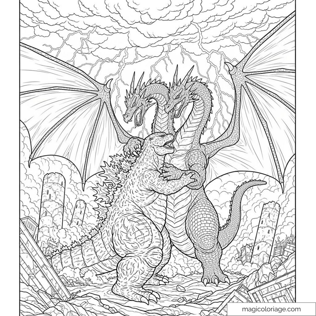 Epic Coloring Page Of Godzilla And King Ghidorah In Battle