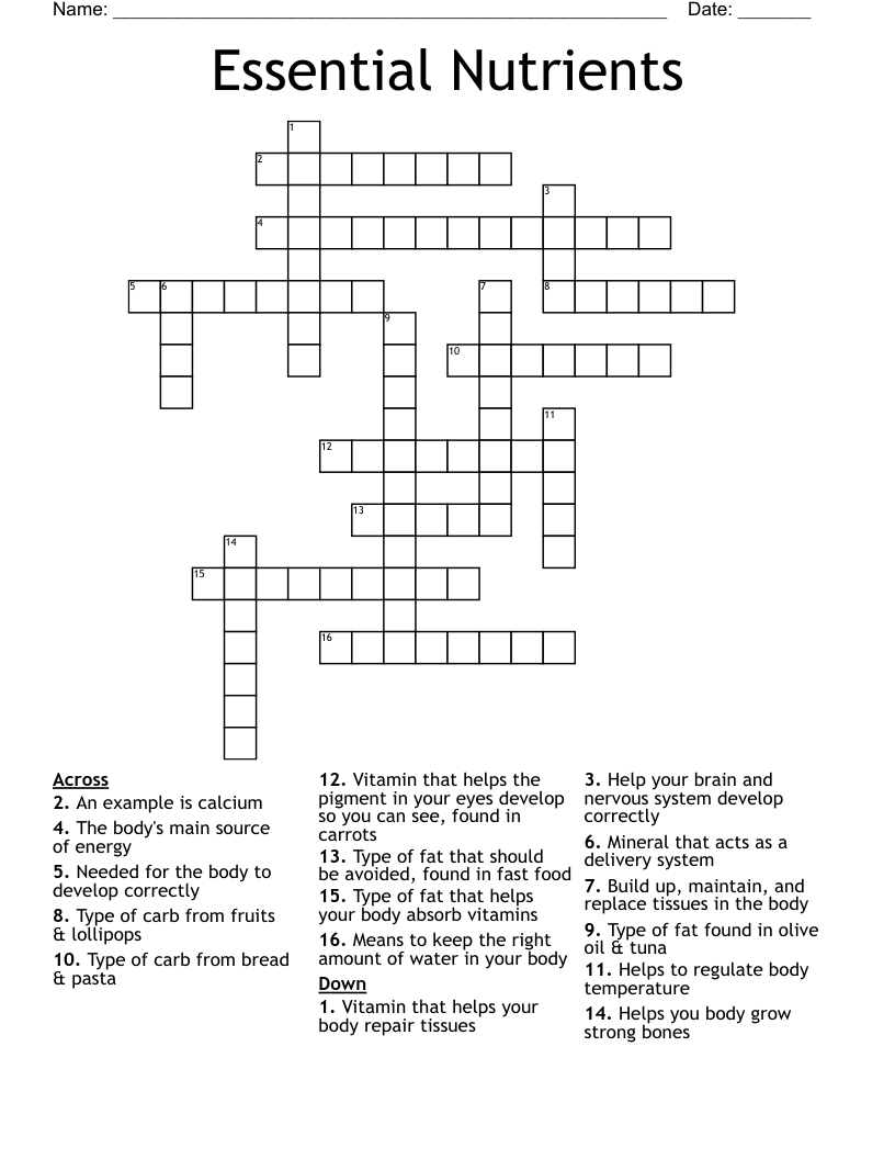 Essential Nutrients Crossword WordMint Essential Nutrients Crossword WordMint