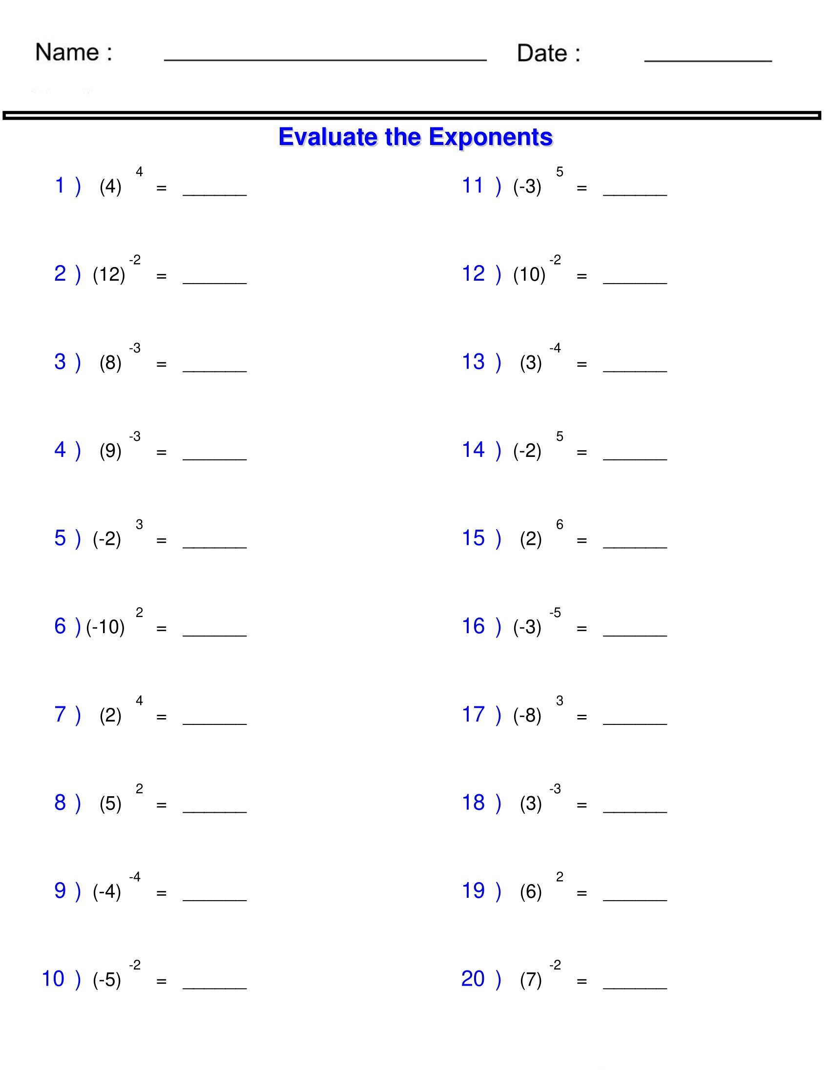6th grade exponents worksheet