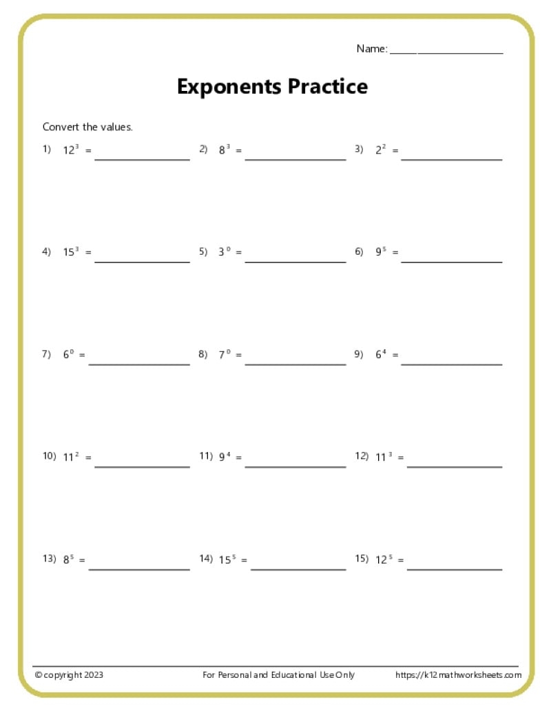 Exponents Worksheets