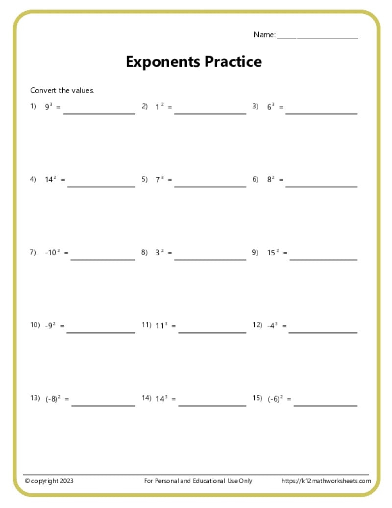 Exponents Worksheets
