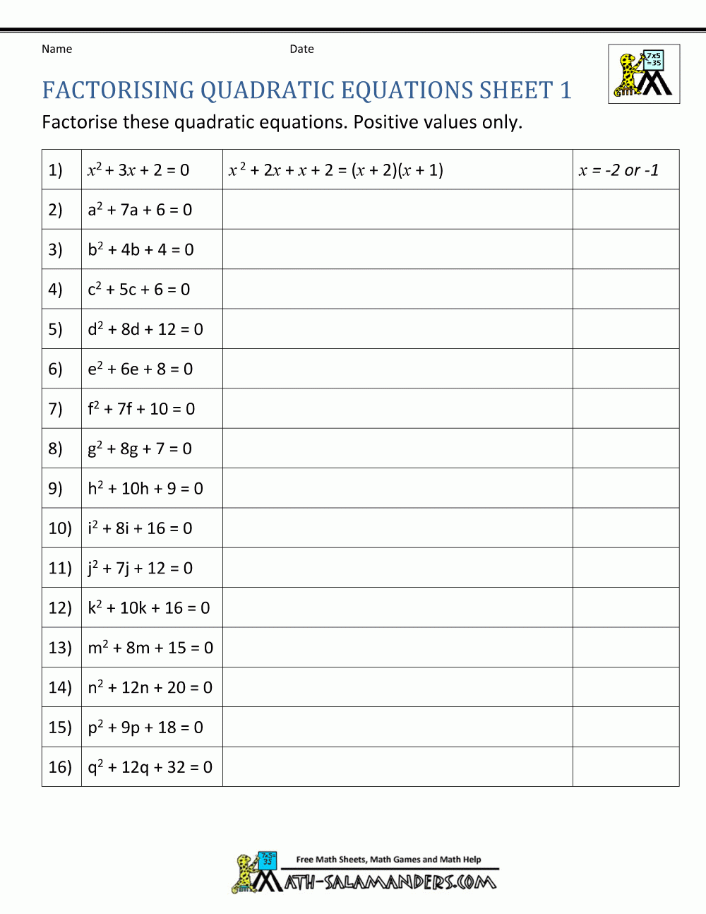 solving quadratic equations worksheet