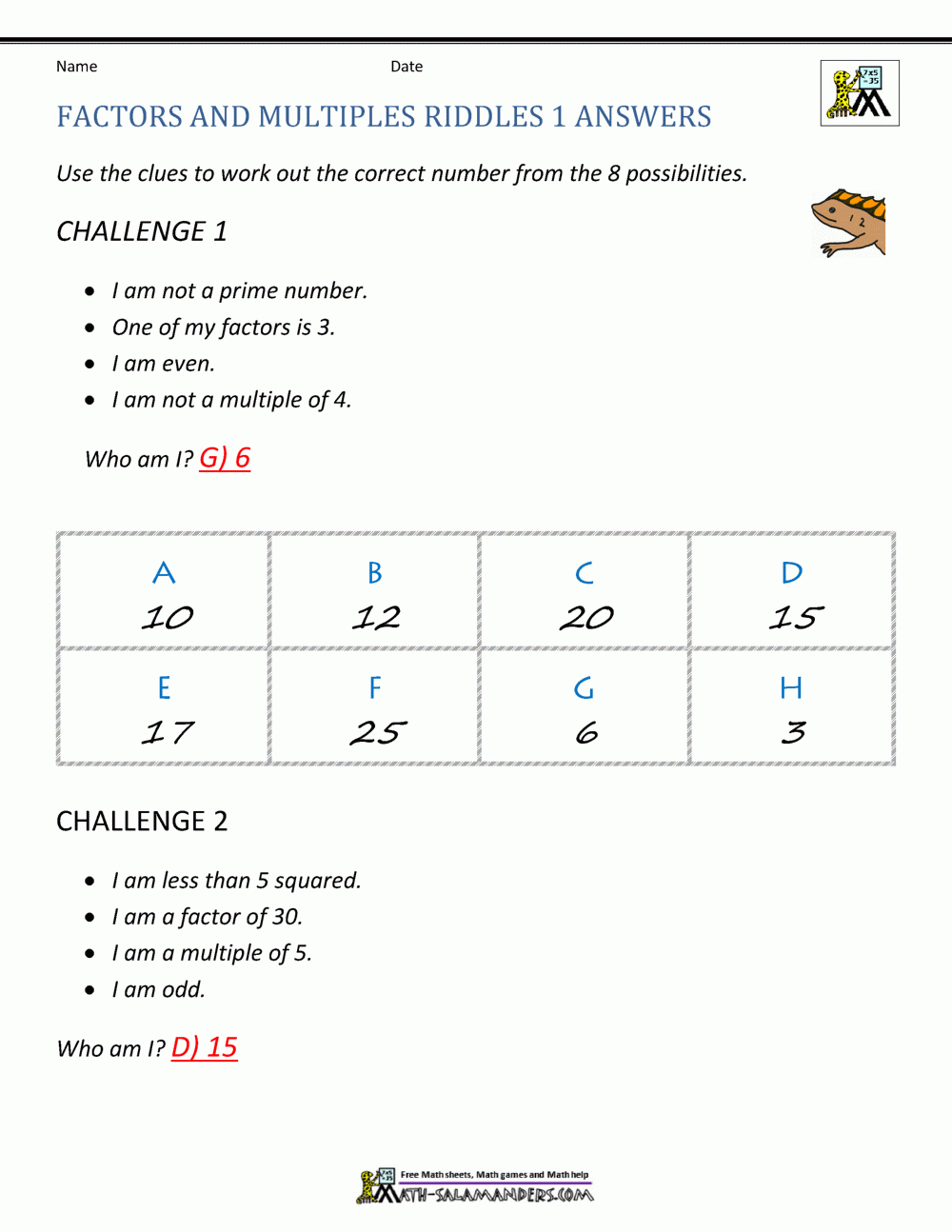 Factors And Multiples Worksheet
