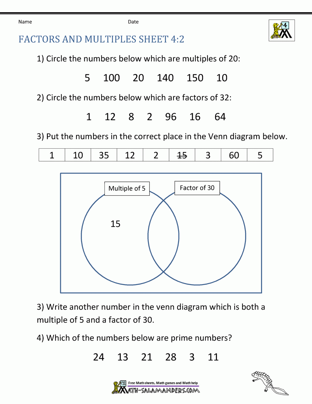 Factors And Multiples Worksheet
