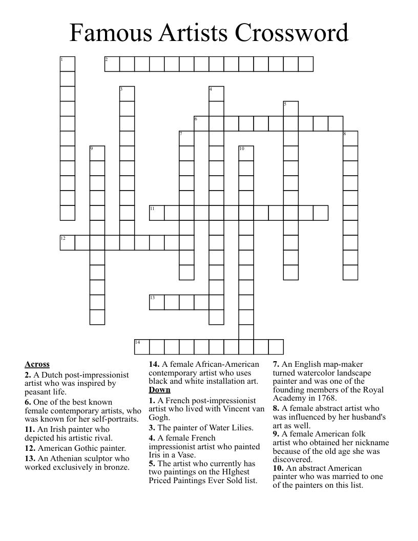 Famous Artists Crossword WordMint