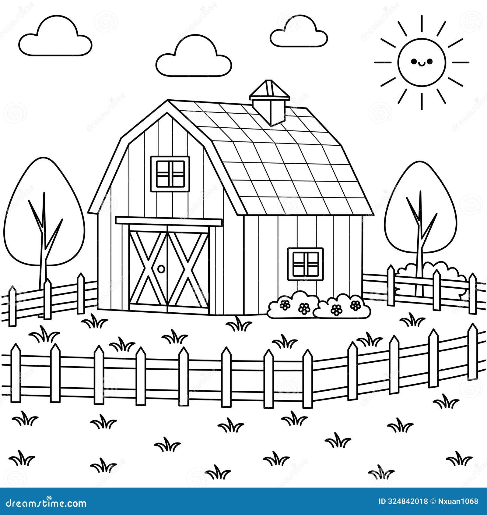 Farm House Barn Coloring Page For Kids Summer Landcape Vector Illustration Stock Vector Illustration Of Grass Cute 324842018