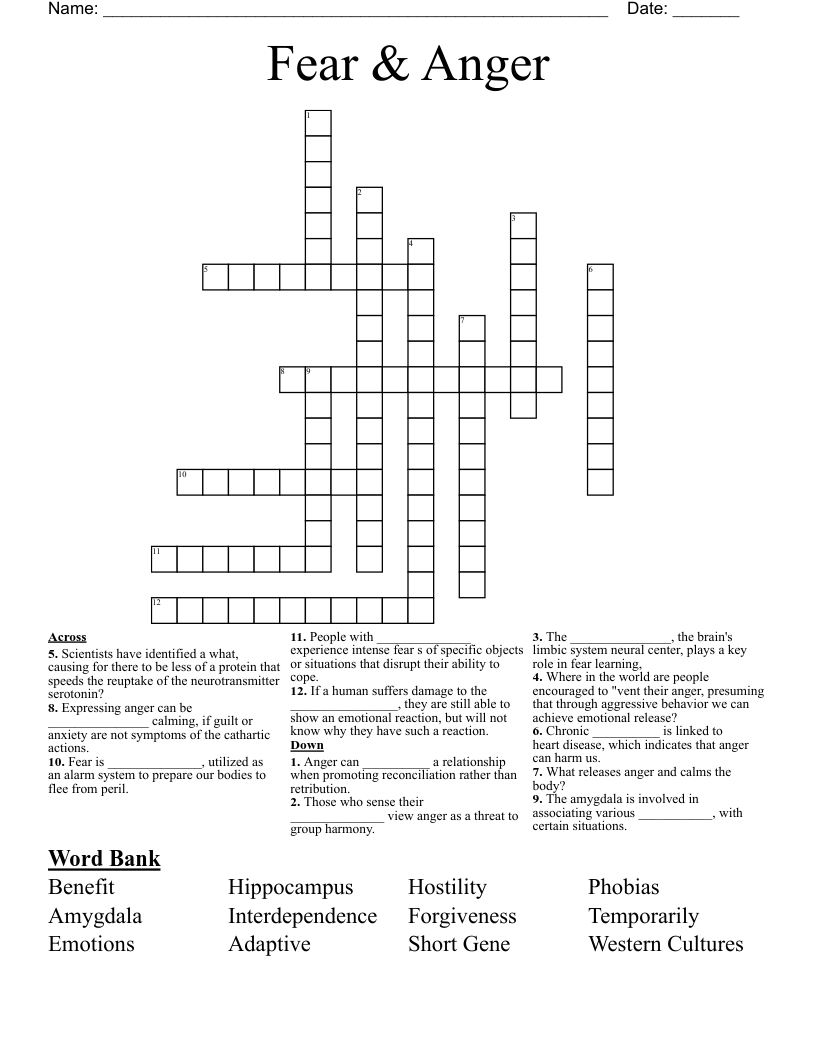 Fear Anger Crossword WordMint