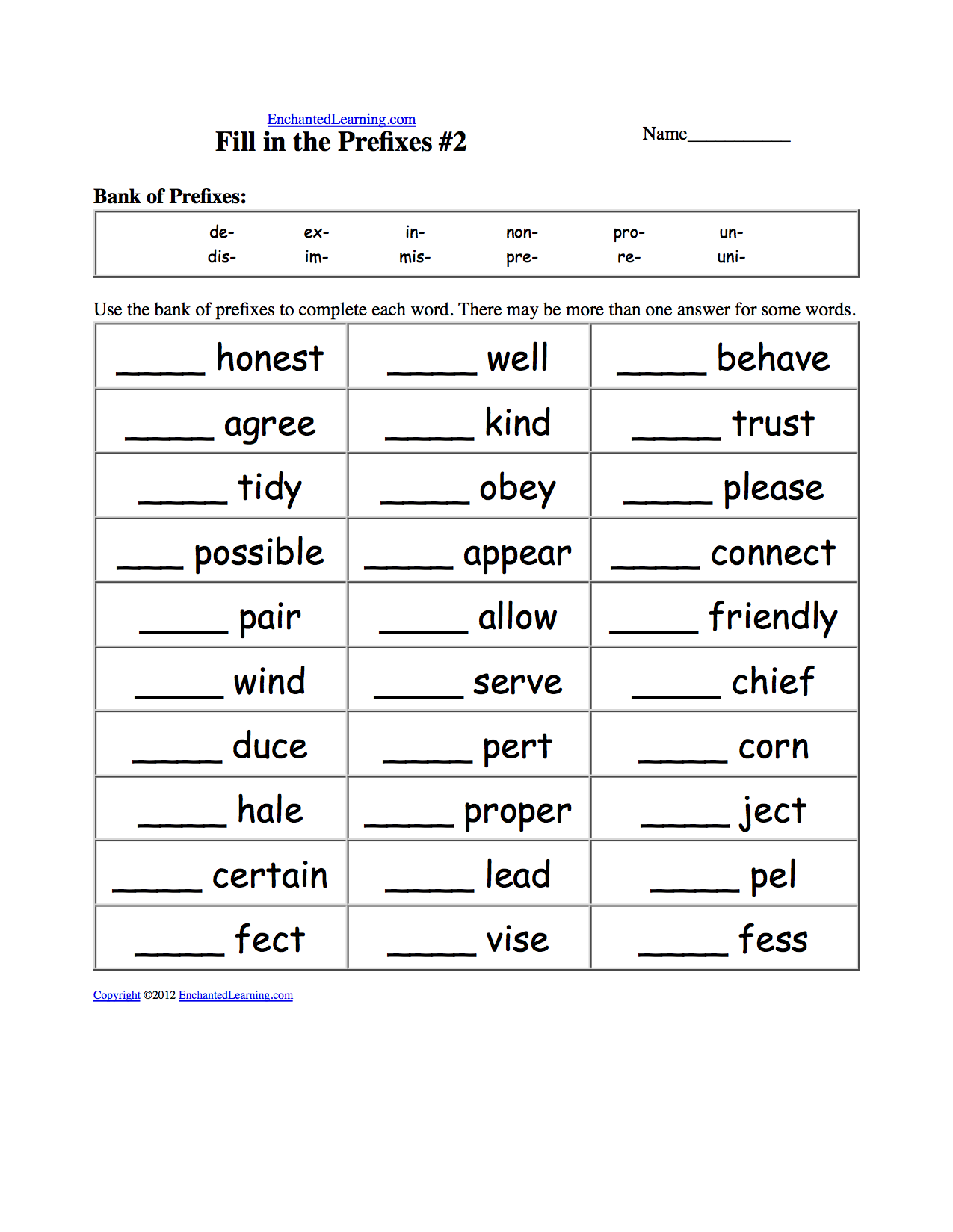 Fill In The Prefixes Worksheets EnchantedLearning