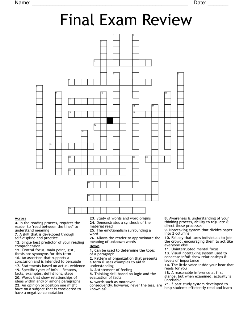 Final Exam Review Crossword WordMint