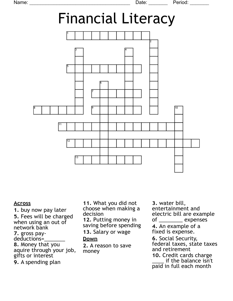 Financial Literacy Crossword WordMint Financial Literacy Crossword WordMint