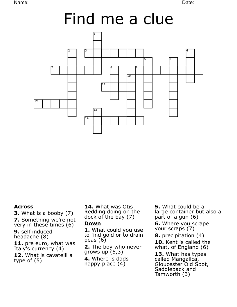 Find Me A Clue Crossword WordMint Find Me A Clue Crossword WordMint