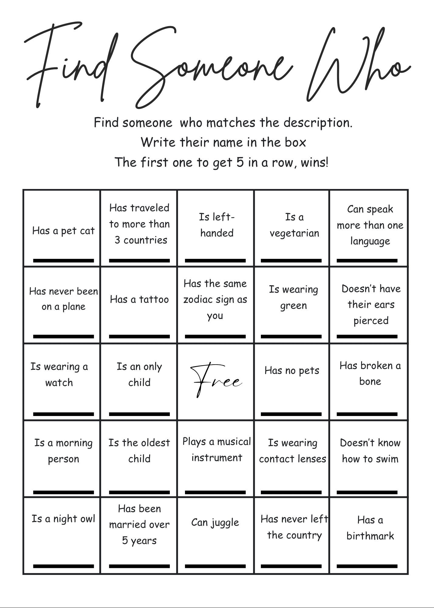 Find Someone Who Bingo Icebreaker Printable Party Game PDF Etsy