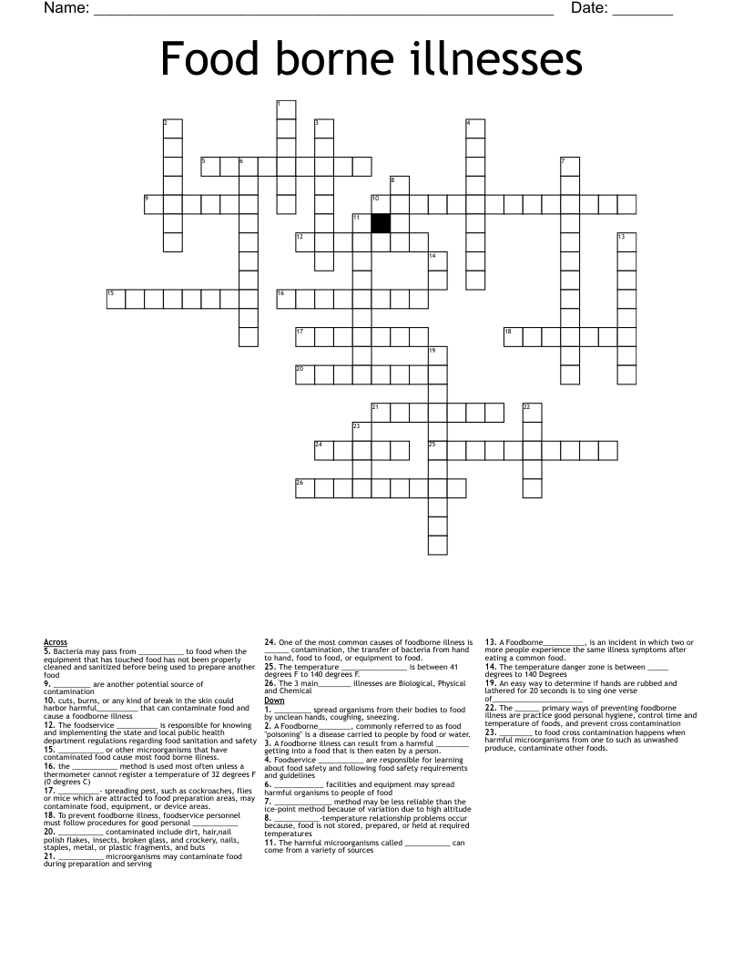 Food Borne Illnesses Crossword WordMint
