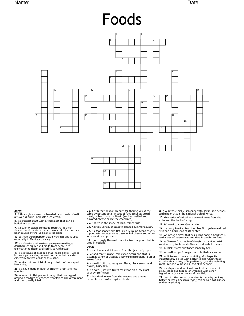 Foods Crossword WordMint Foods Crossword WordMint