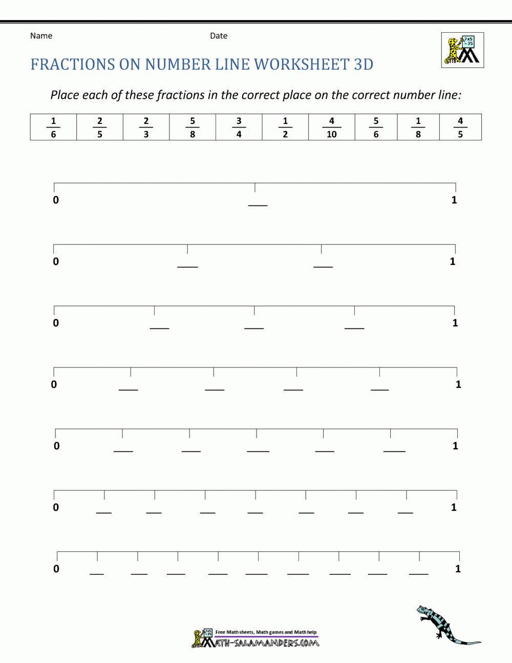 fraction number line worksheets