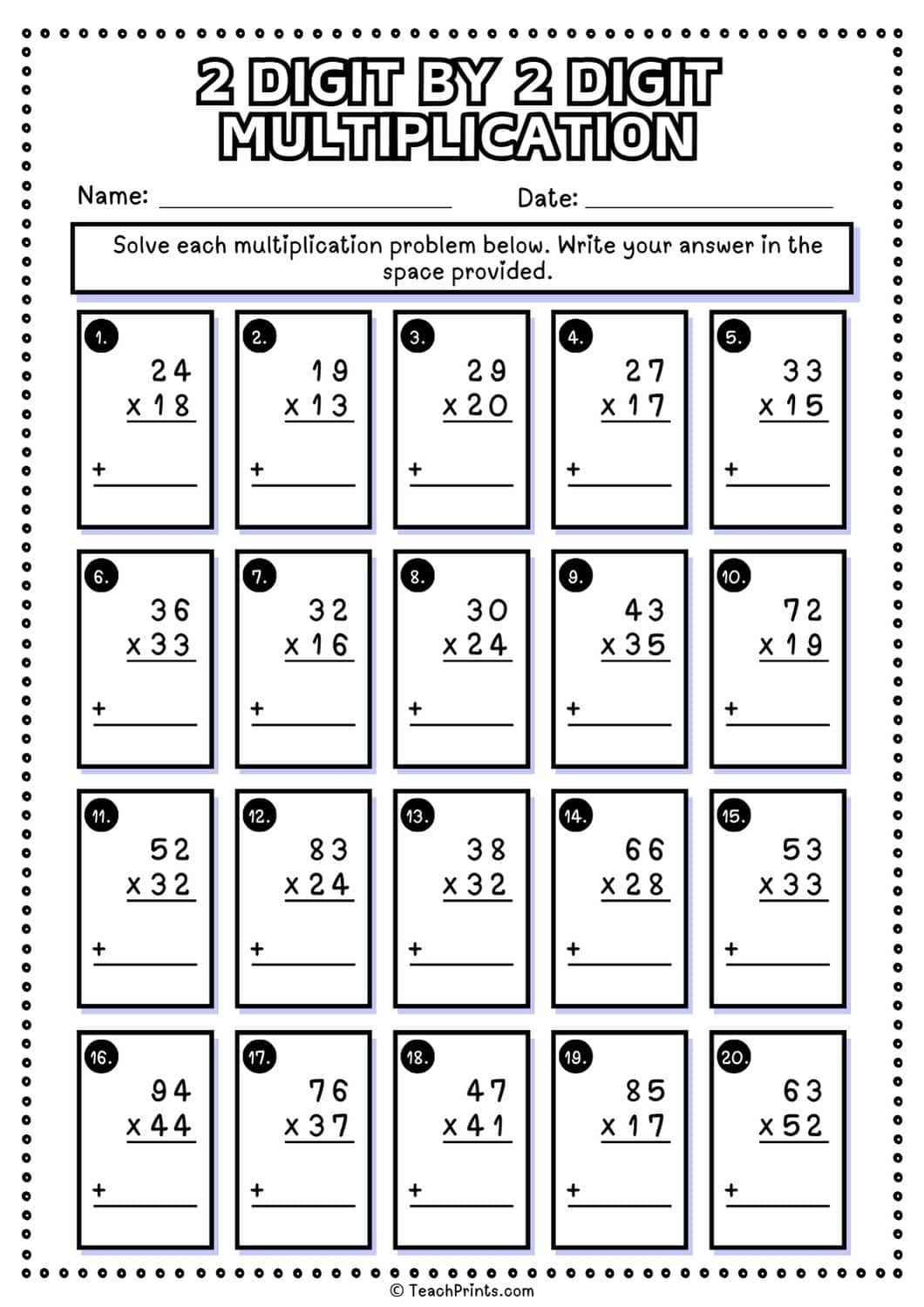 Free 2 Digit By 2 Digit Multiplication Worksheets Teach Prints