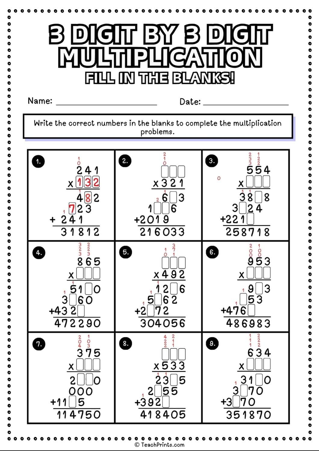 3 by 3 digit multiplication worksheets