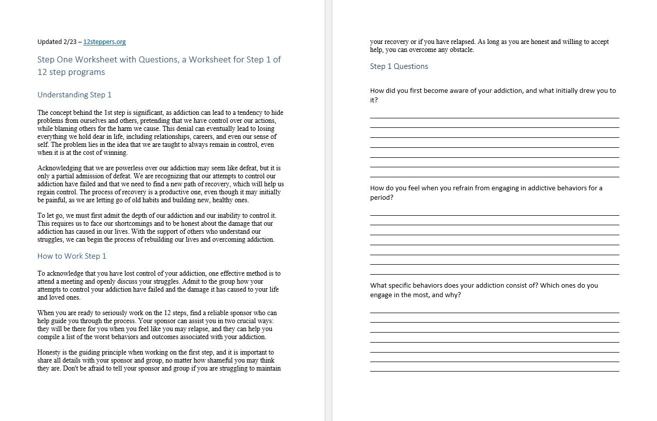 aa first step worksheet