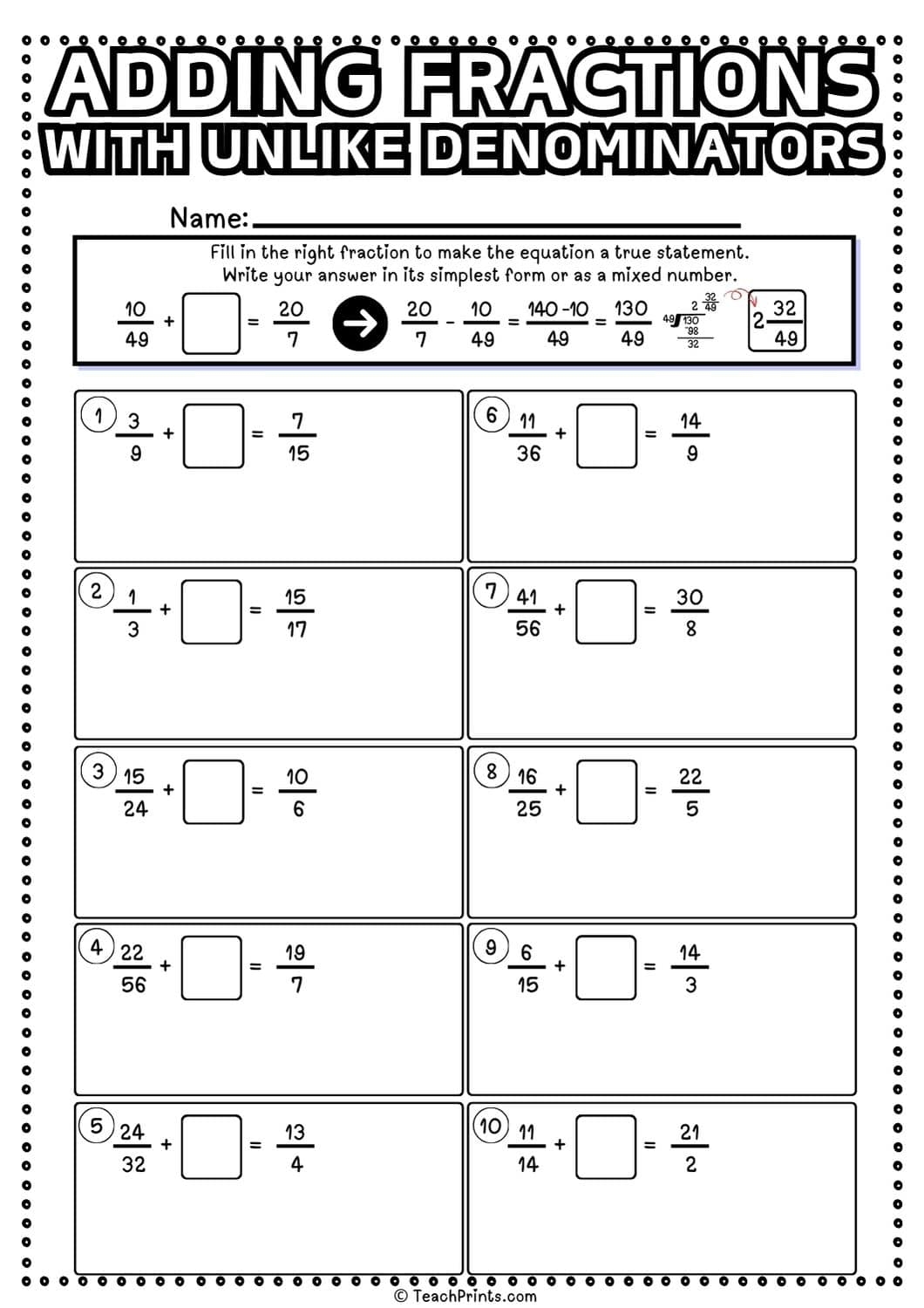 adding fractions with unlike denominators worksheet