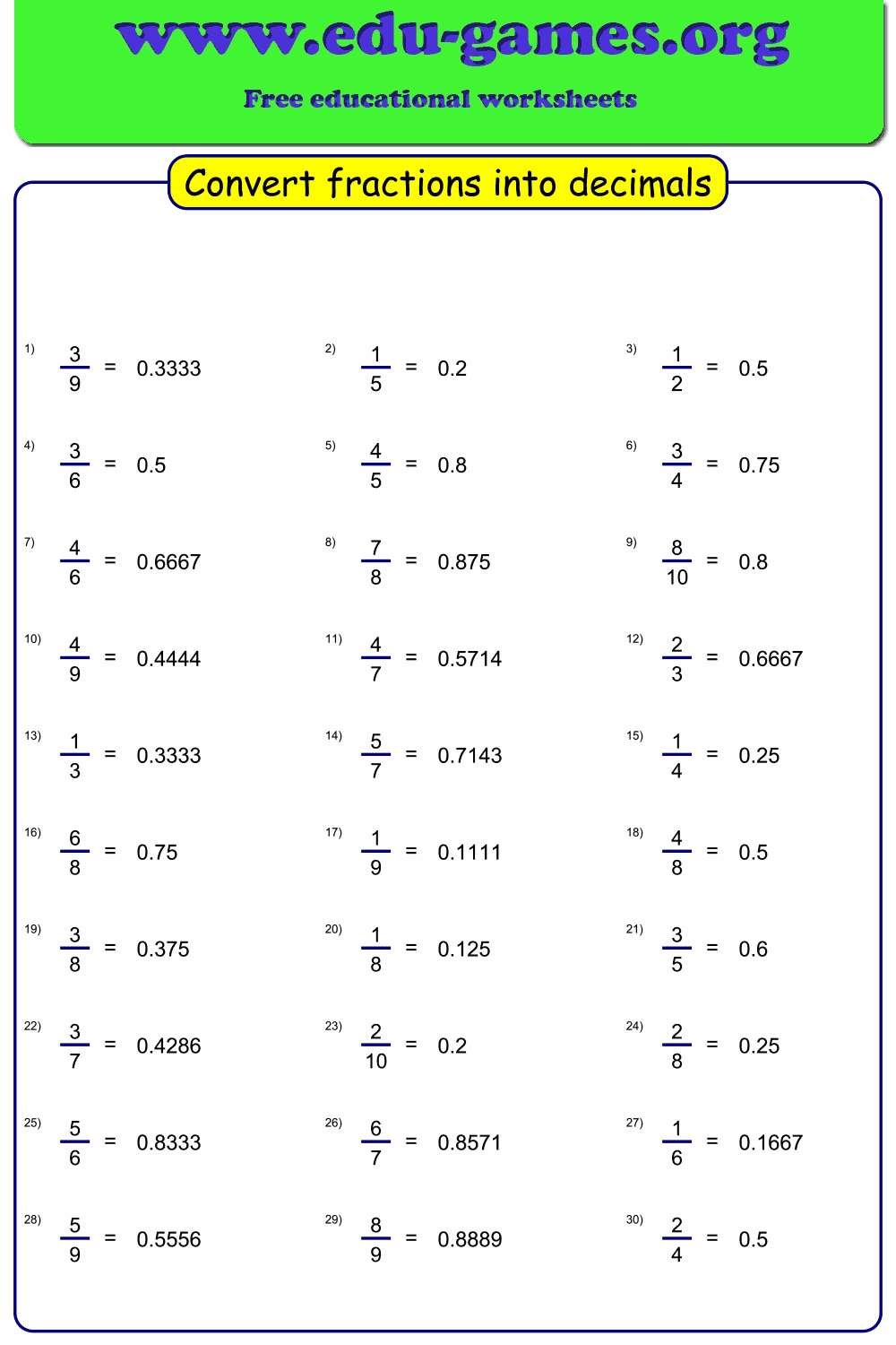 Free Fraction To Decimal Worksheets PDF Easy Generator For Students Free Fraction To Decimal Worksheets PDF Easy Generator For Students
