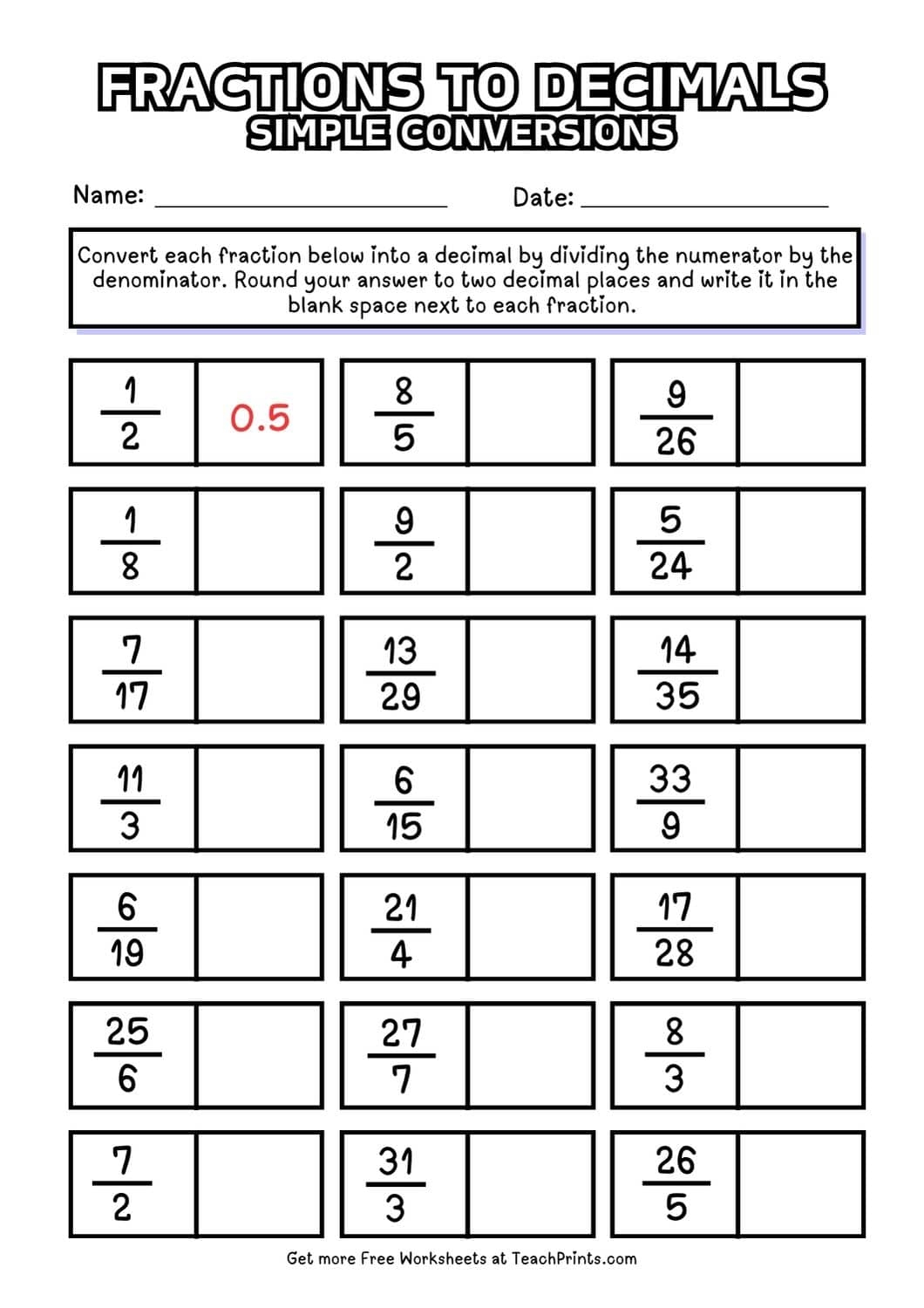 fractions into decimals worksheet