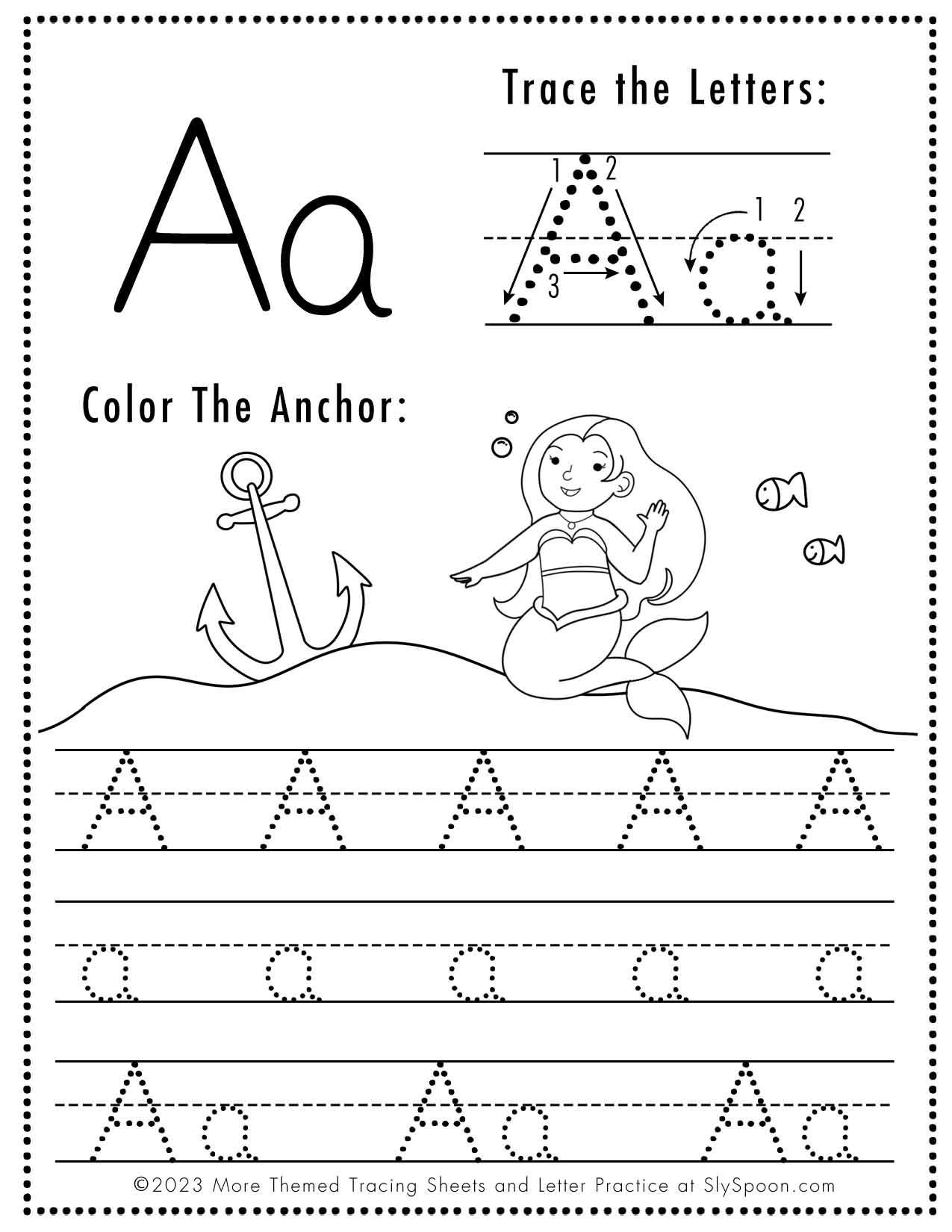 Free Letter A Tracing Worksheets Mermaid Themed Sly Spoon