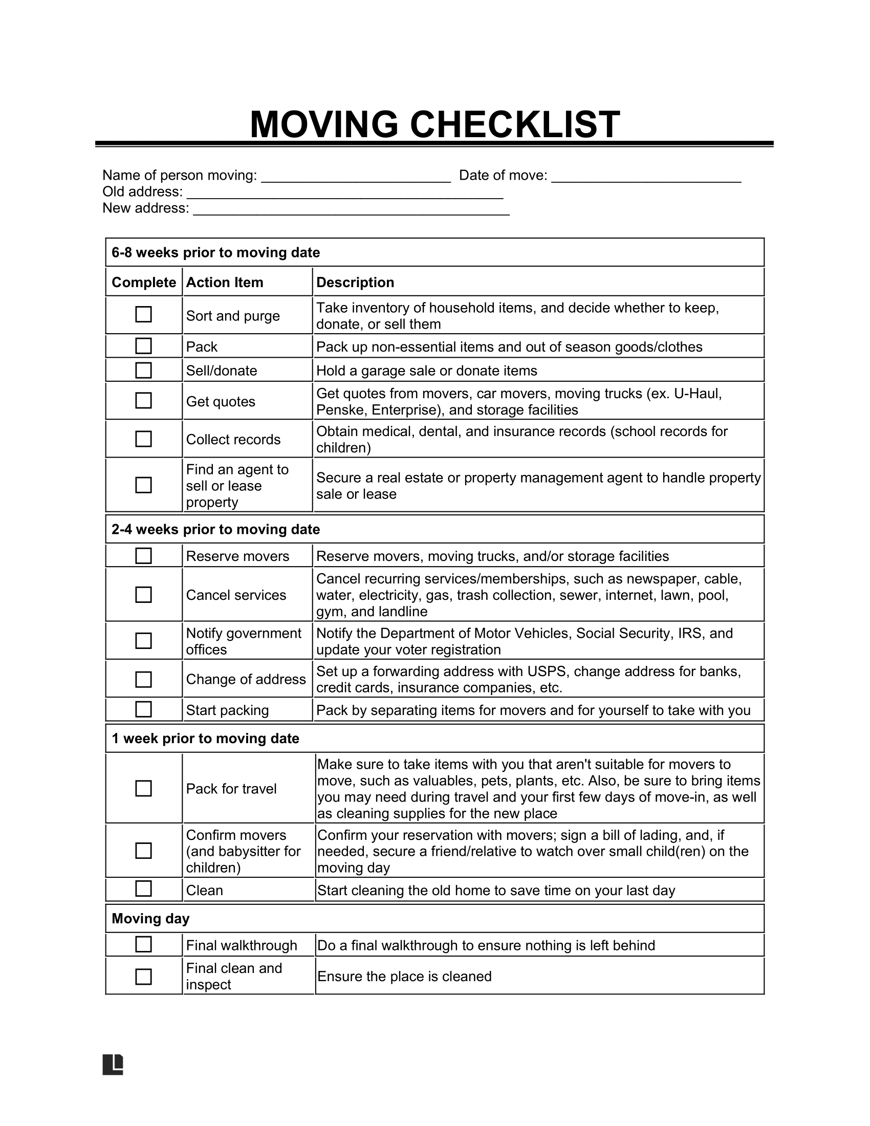 Free Moving Checklist Template Printable PDF Word