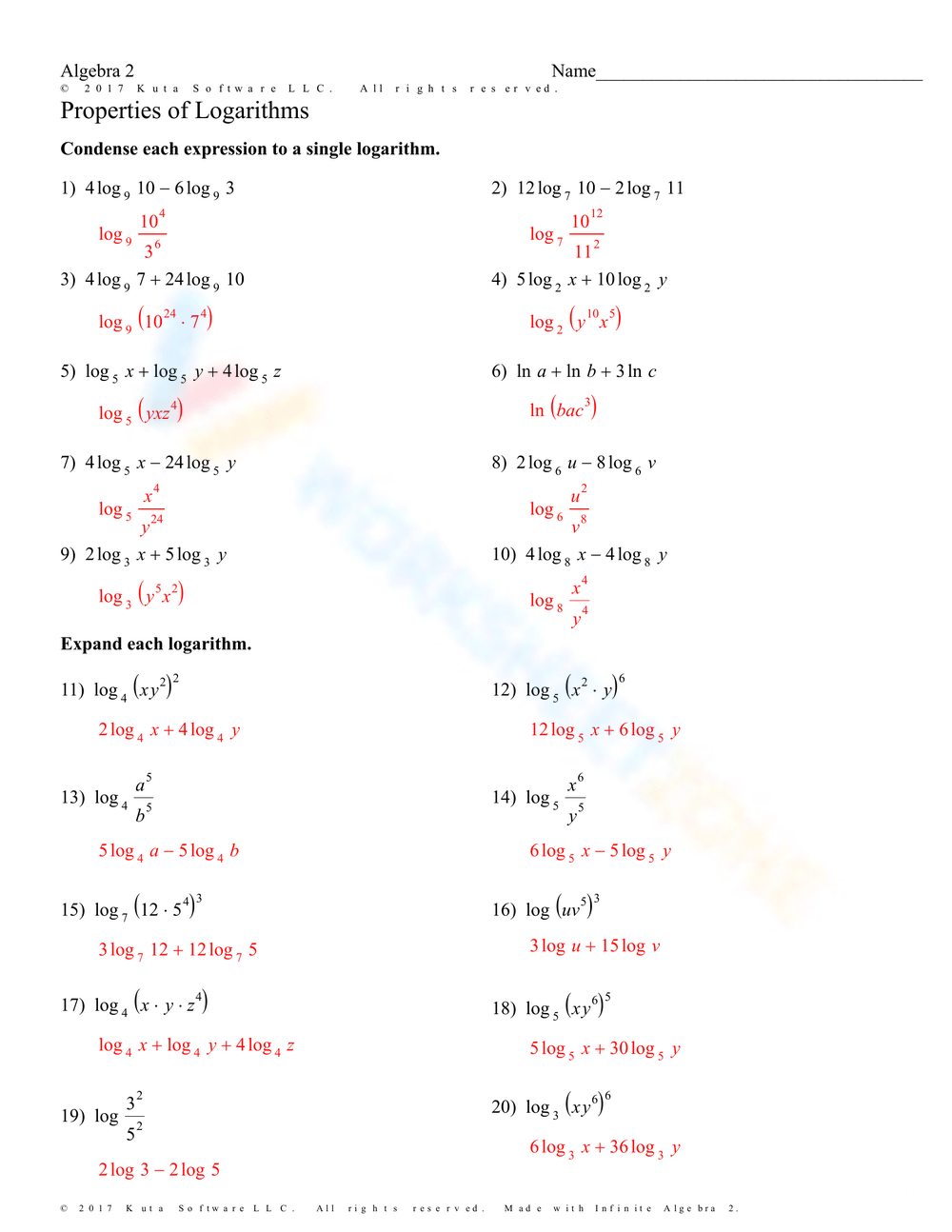 Free Printable Properties Of Logarithms Worksheets Worksheets Library