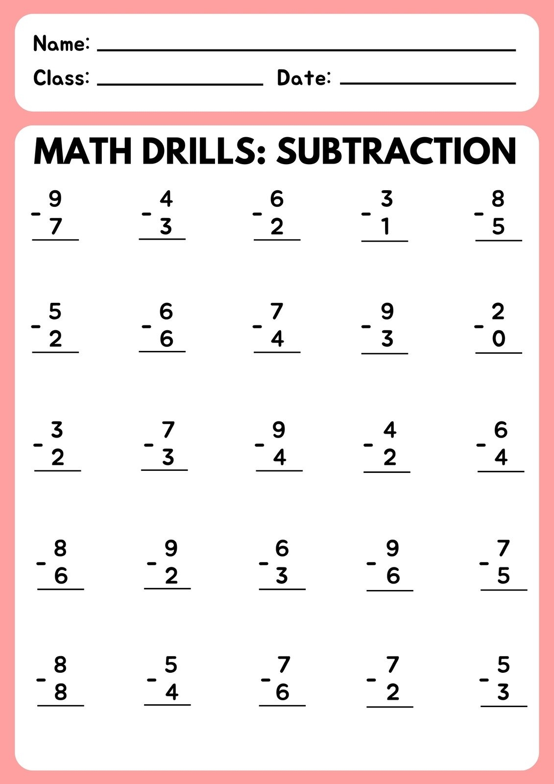 single digit subtraction worksheets
