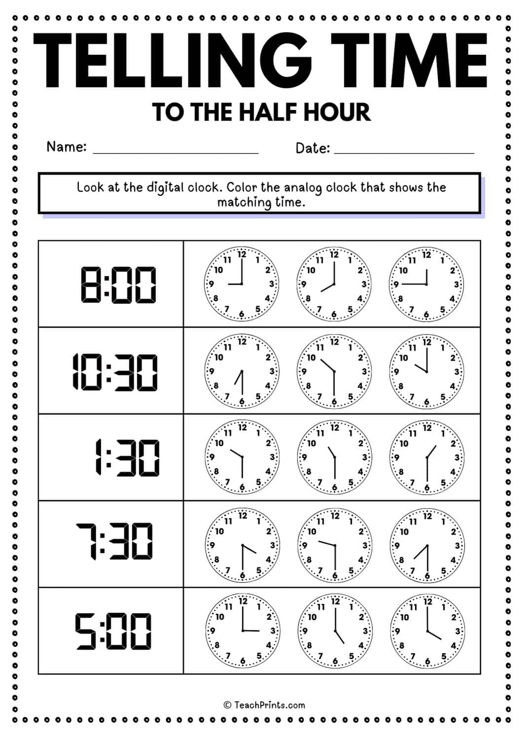 Free Telling Time To The Half Hour Worksheets Teach Prints