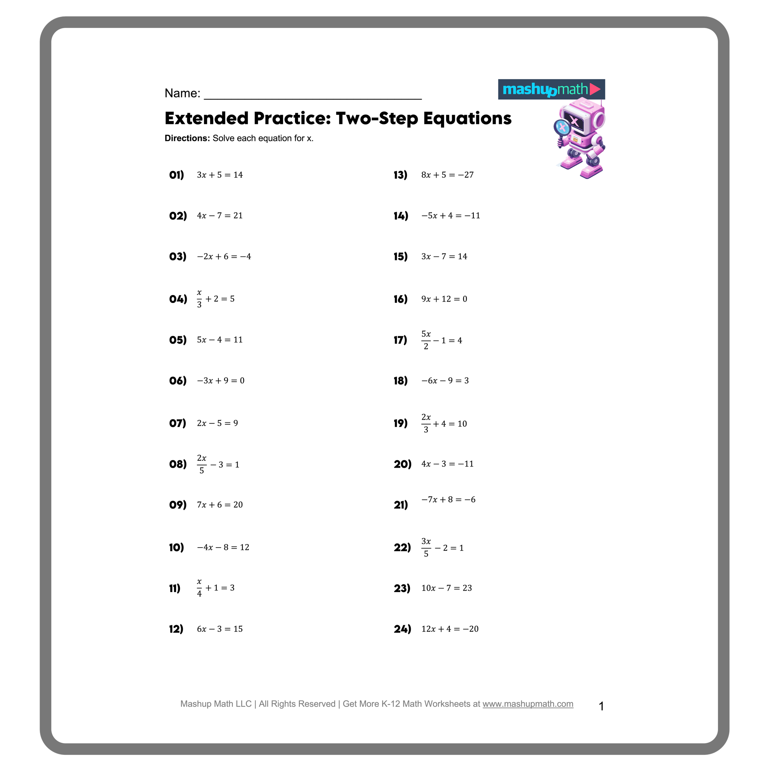 Free Two Step Equations Worksheets Mashup Math