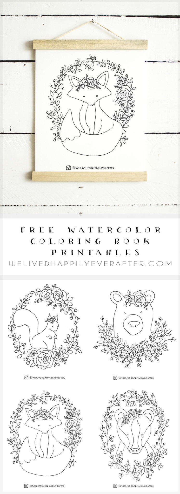 Free Watercolor Adult Coloring Book Printable Sheets Woodland Forest Animals Part 1 Fox Bear Squirrel Badger We Lived Happily Ever After