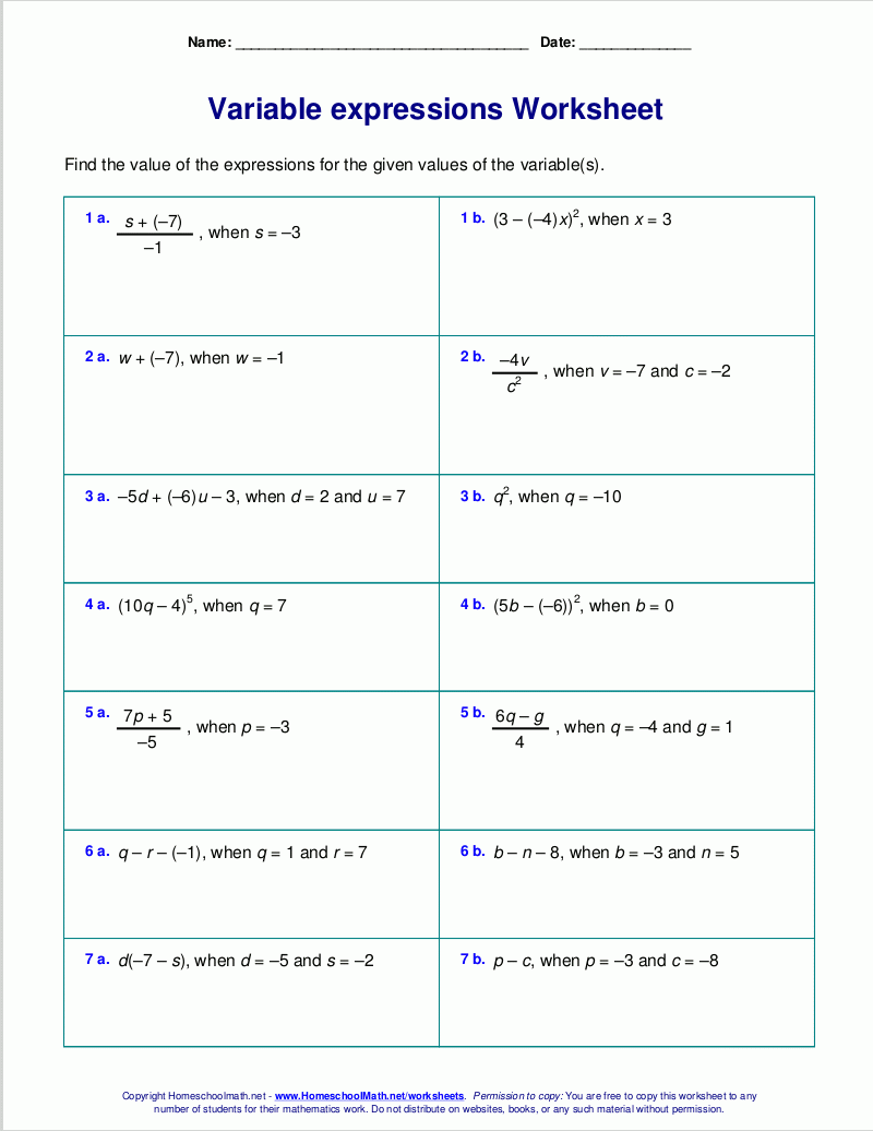 Free Worksheets For Evaluating Expressions With Variables Grades Worksheets Library