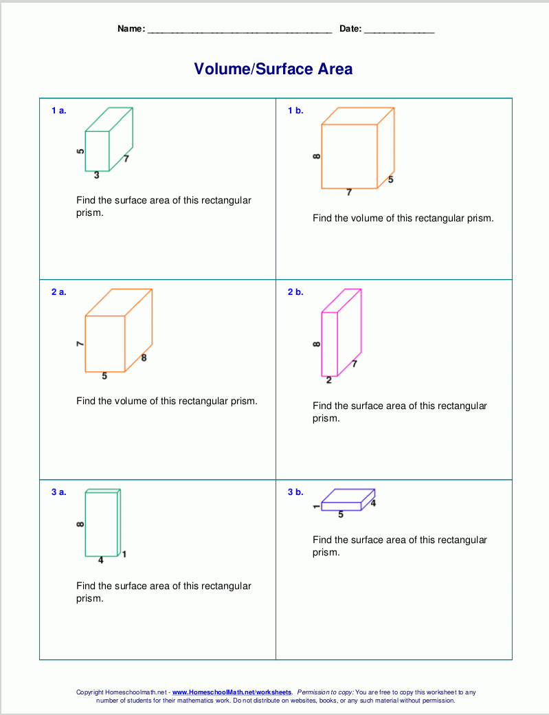 Free Worksheets For The Volume And Surface Area Of Cubes Rectangular Prisms