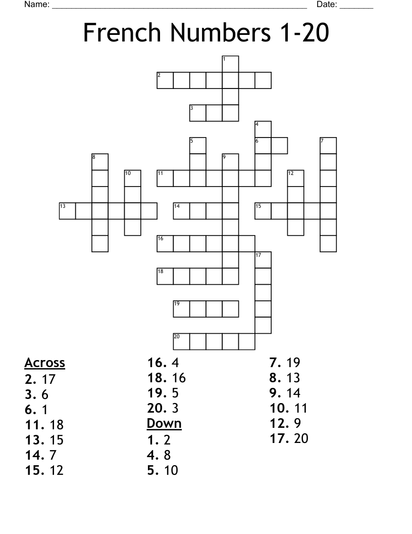 French Numbers 1 20 Crossword WordMint