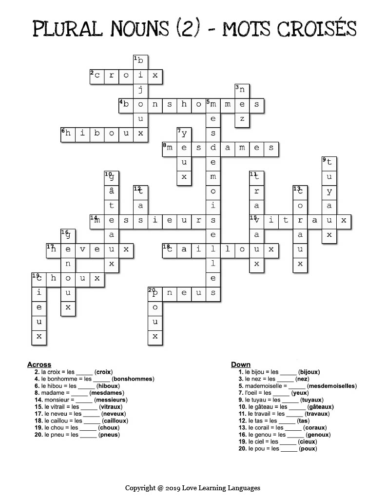 French Plural Nouns Crossword Puzzles Mots Crois s By Teach Simple