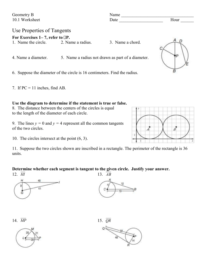 Geometry Tangents Worksheet Properties Problems