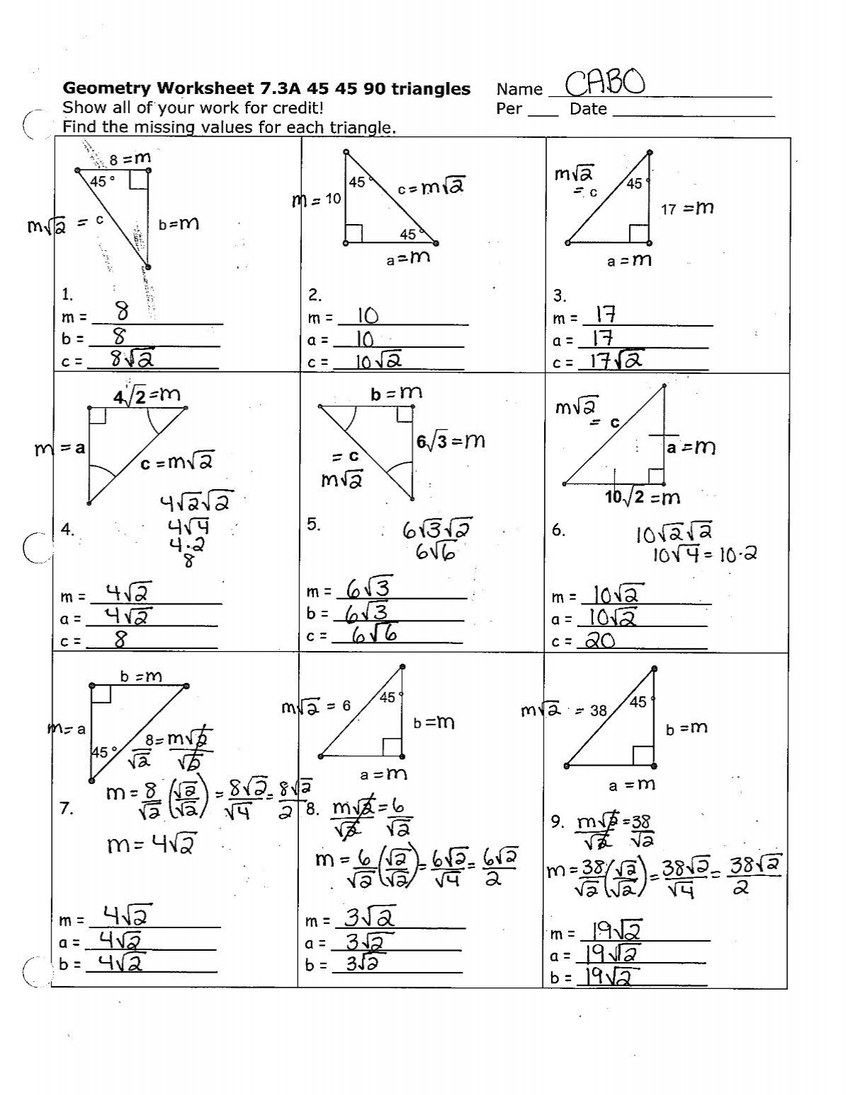 Geometry Worksheet 7 3A 45 45 90 Triangles Name