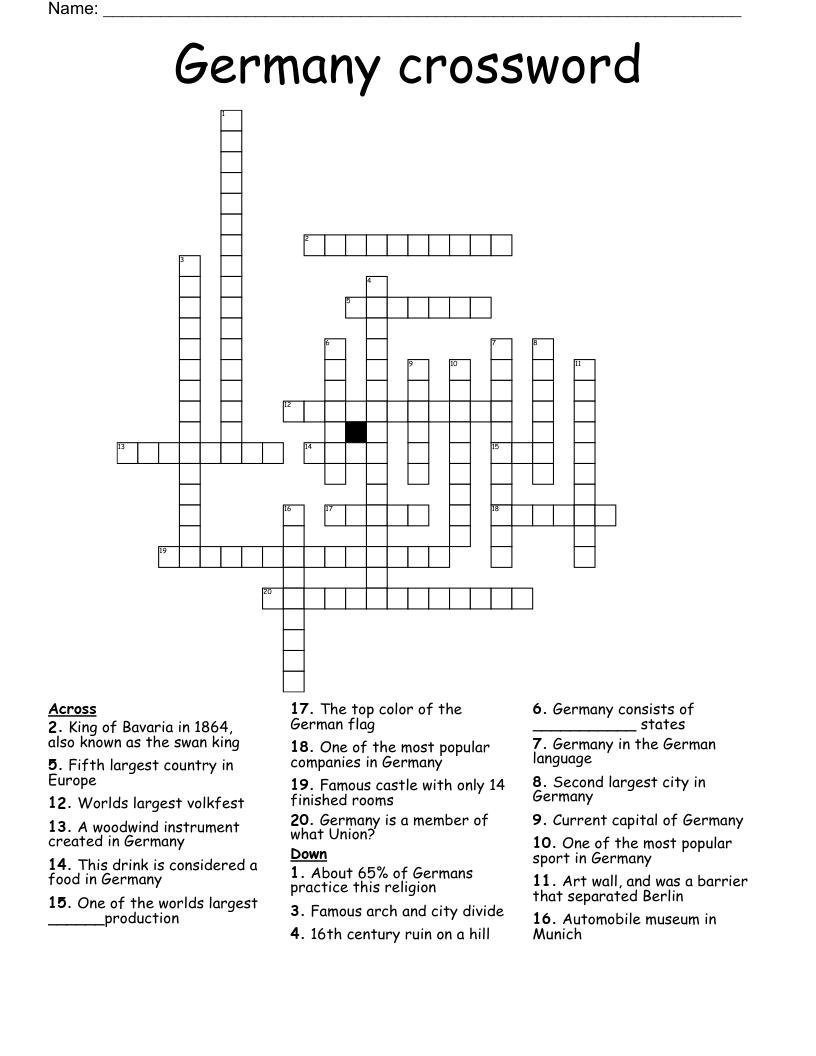German Article Daily Themed Crossword Printable Holiday Calendar