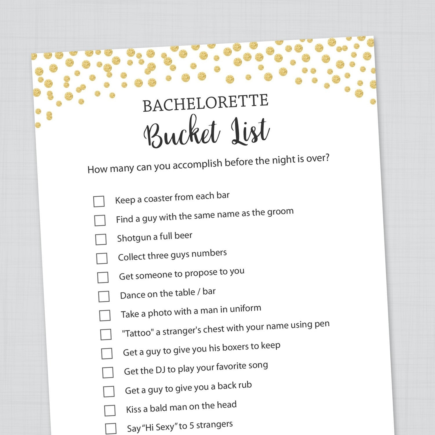 Gold Bachelorette Bucket List Bridal Shower Games Hens Party Games Bachelorette Party Game Bride Bucket List Wedding Shower Game J001 Etsy