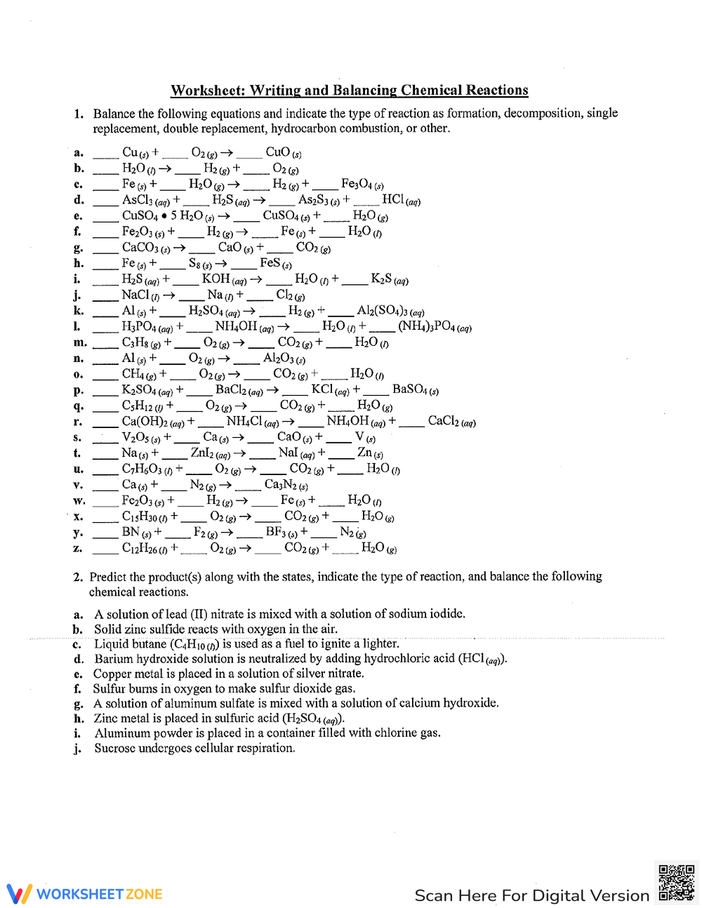 worksheet on balancing chemical equation